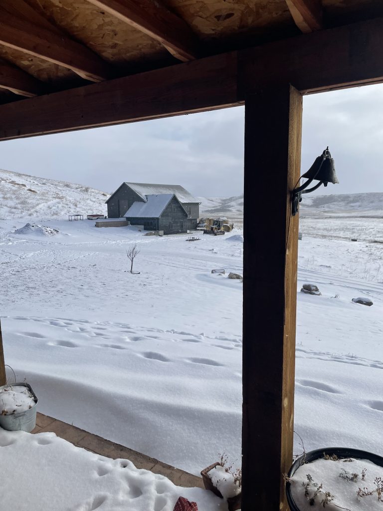 Snow on the ground with barn in background